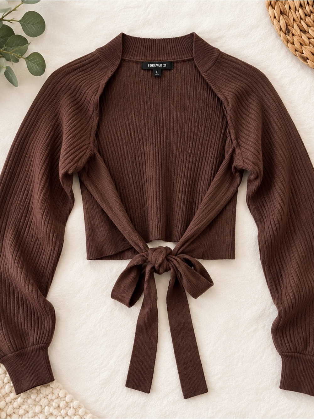 Forever 21 Brown Ribbed Tie-Front Cropped Cardigan | large